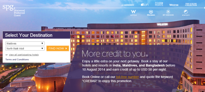 SPG More Credit to you Promo: Get up to USD 50 per night when you book a stay in India, Maldives & Bangladesh