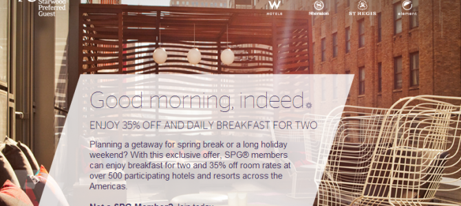 Starwood Promo: Enjoy 35% off and free daily breakfast for participating Starwood Hotels in North and Latin America
