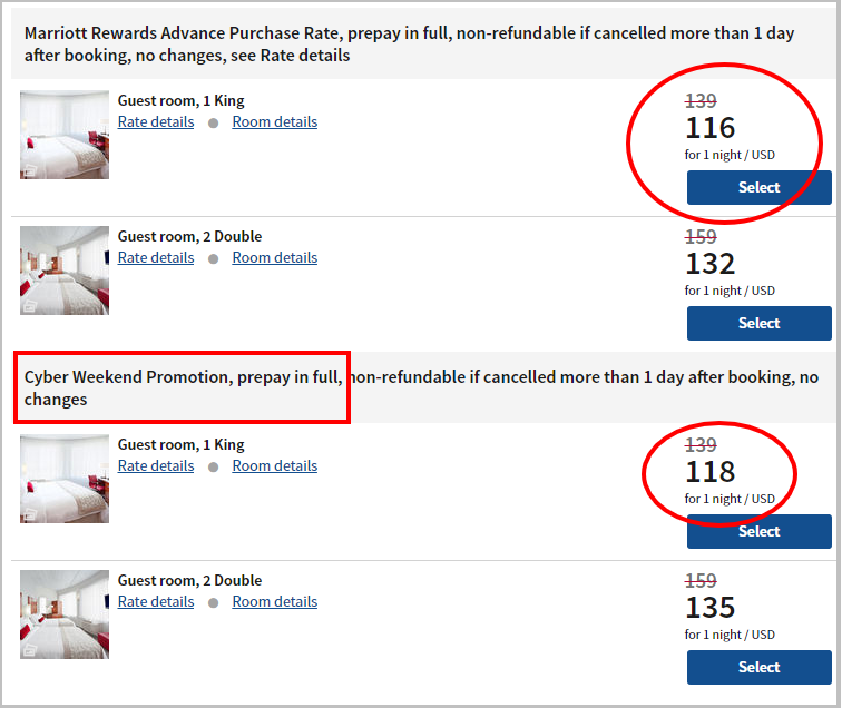 Marriott US hotels Black Friday and Cyber Monday promotion Room from