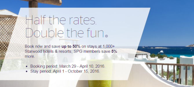 Starwood Asia-Pacific up to 50% off. US, Europe, Middle East and Africa 20% off. SPG members get extra 5% off